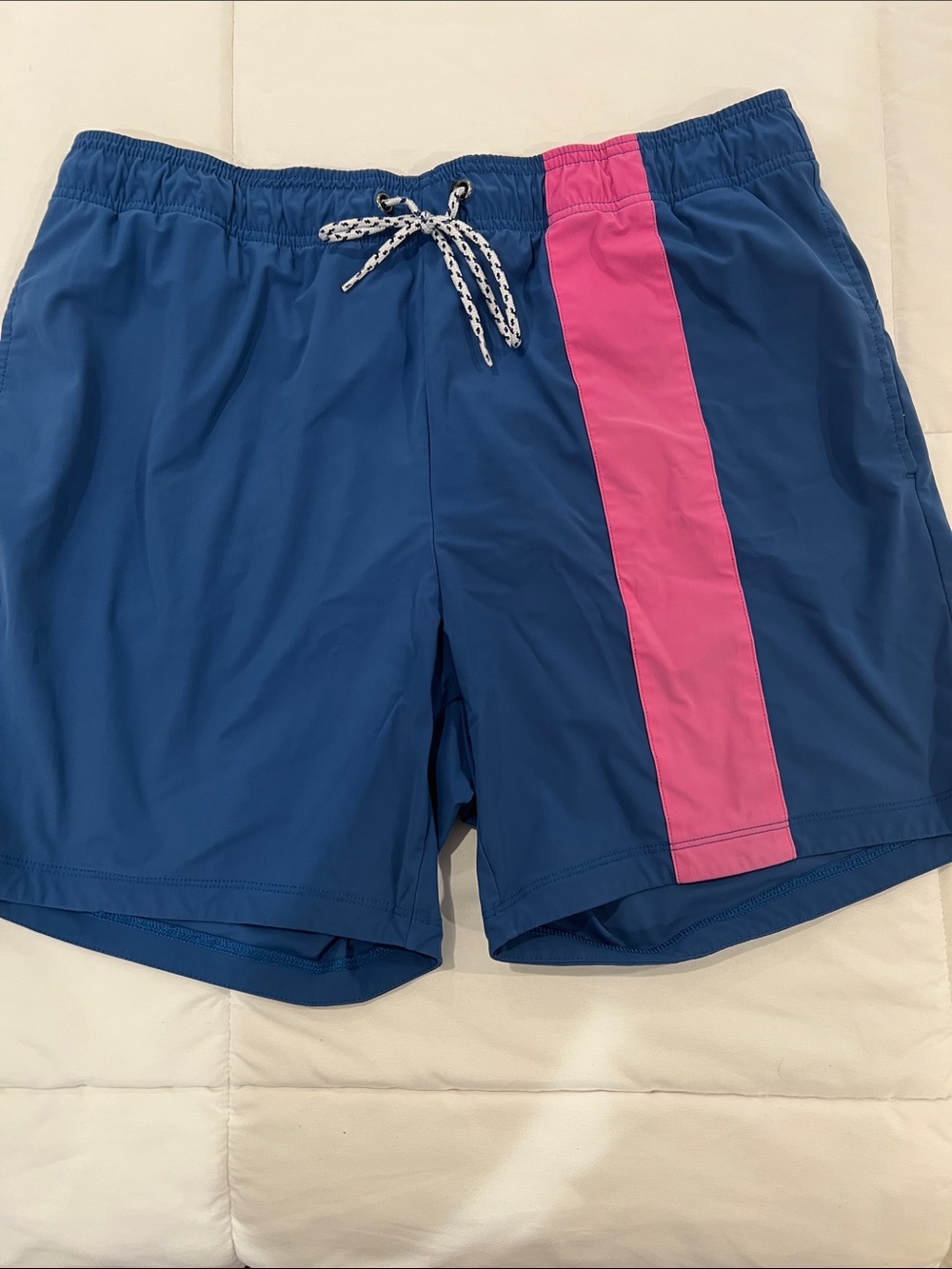 RHONE Blue Swim Trunks with Pink Side Stripe